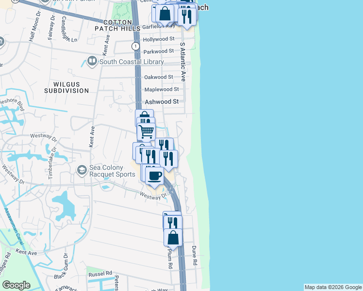 map of restaurants, bars, coffee shops, grocery stores, and more near 602 Brandywine House in Bethany Beach