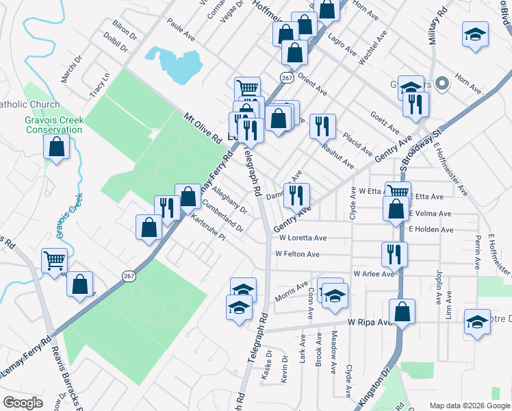map of restaurants, bars, coffee shops, grocery stores, and more near 1405 Telegraph Road in St. Louis