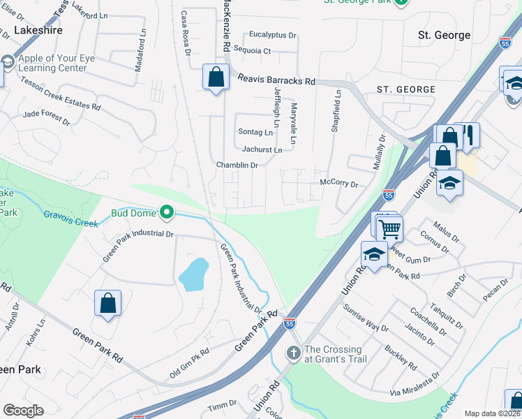 map of restaurants, bars, coffee shops, grocery stores, and more near 10305 Jeffleigh Lane in Affton