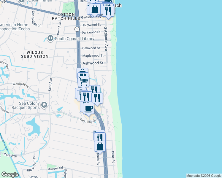 map of restaurants, bars, coffee shops, grocery stores, and more near 910 Brandywine House in Bethany Beach