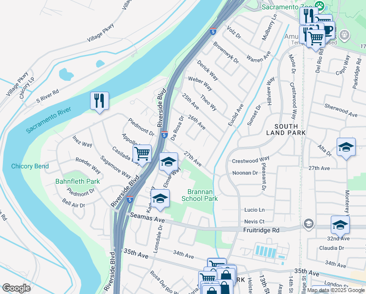 map of restaurants, bars, coffee shops, grocery stores, and more near 1121 27th Avenue in Sacramento