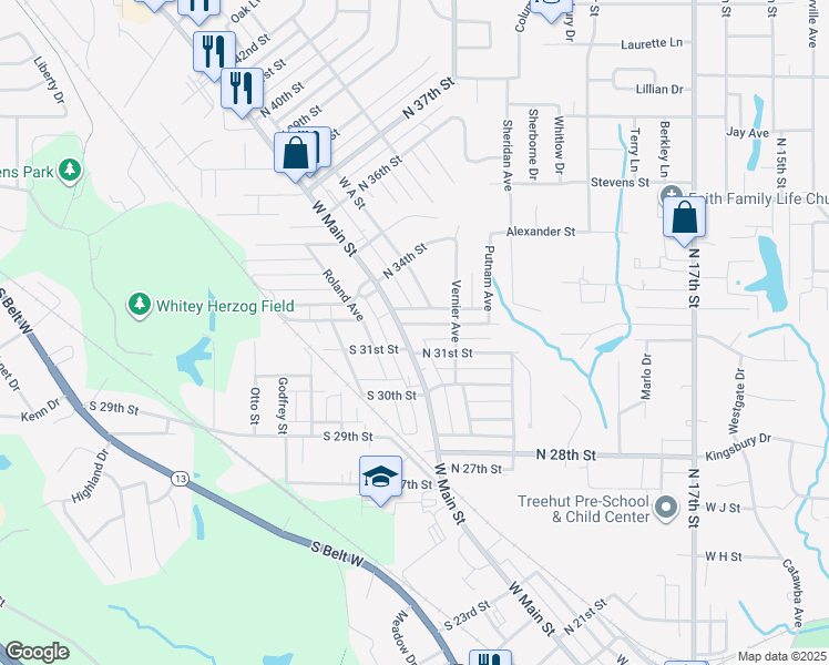 map of restaurants, bars, coffee shops, grocery stores, and more near 15 North 32nd Street in Belleville