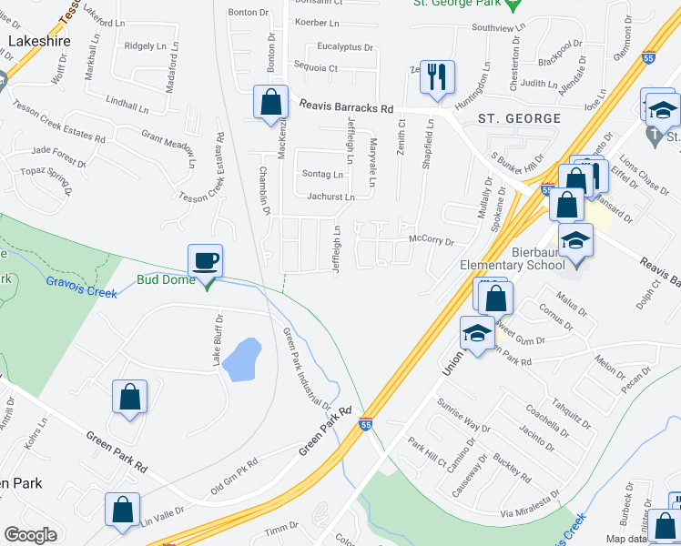map of restaurants, bars, coffee shops, grocery stores, and more near 10256 Jeffleigh Lane in Affton
