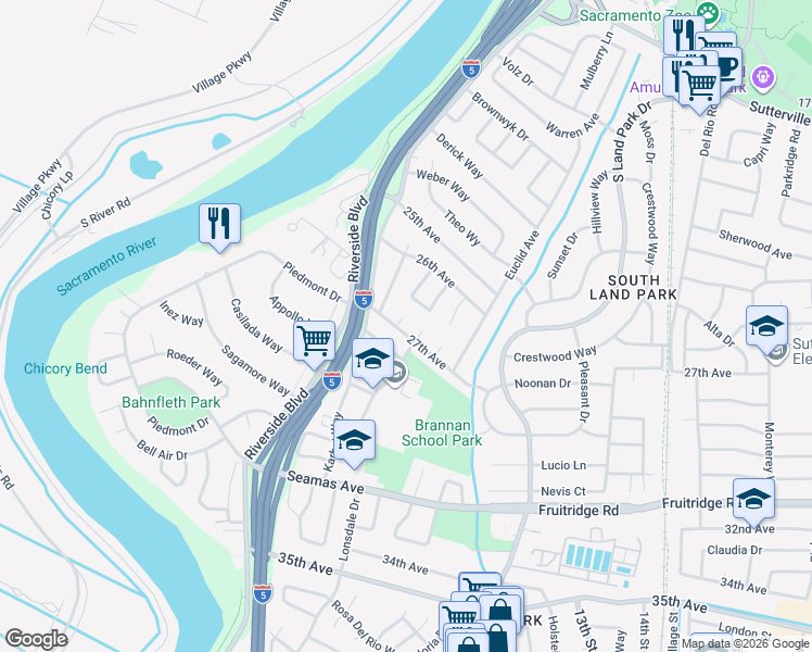 map of restaurants, bars, coffee shops, grocery stores, and more near 1121 27th Avenue in Sacramento