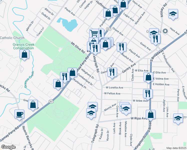 map of restaurants, bars, coffee shops, grocery stores, and more near 1408 Blue Ridge Drive in St. Louis