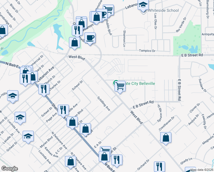 map of restaurants, bars, coffee shops, grocery stores, and more near 1307 West Boulevard in Belleville