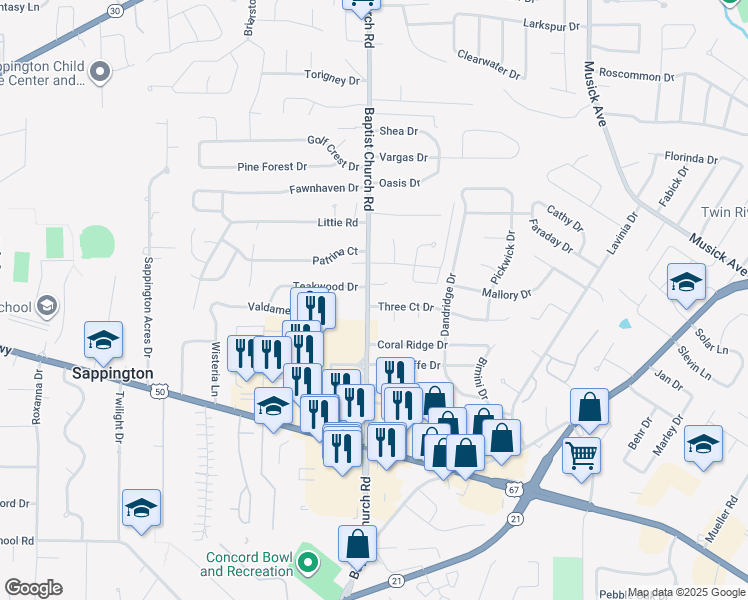 map of restaurants, bars, coffee shops, grocery stores, and more near 10300 Baptist Church Road in St. Louis