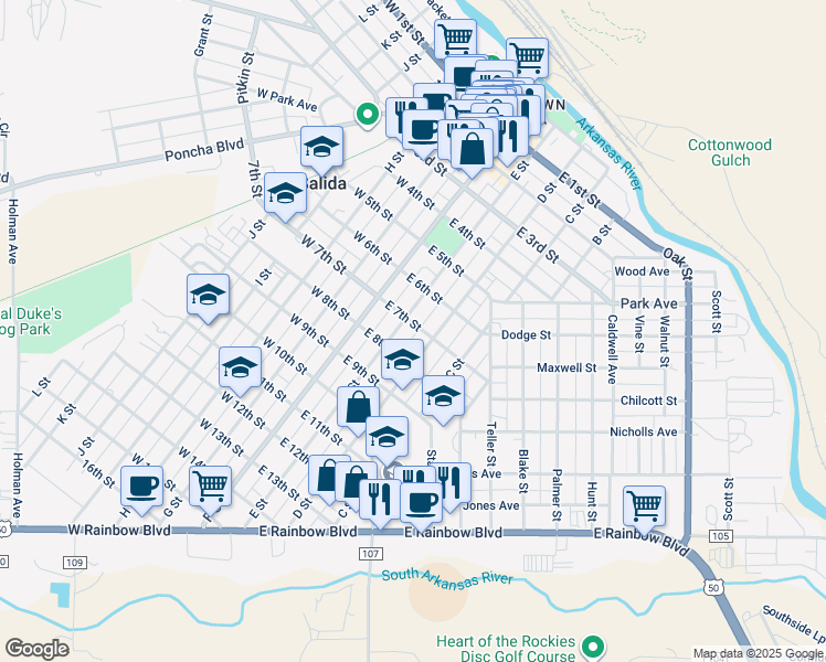 map of restaurants, bars, coffee shops, grocery stores, and more near 710 E Street in Salida