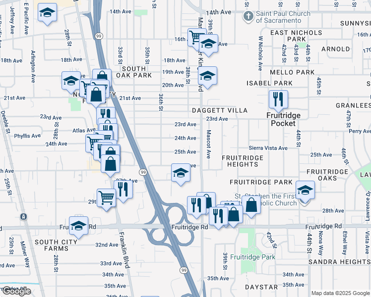 map of restaurants, bars, coffee shops, grocery stores, and more near 3816 24th Avenue in Sacramento