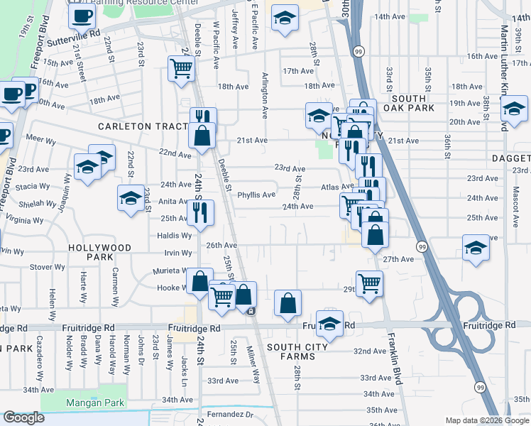 map of restaurants, bars, coffee shops, grocery stores, and more near 2631 24th Avenue in Sacramento