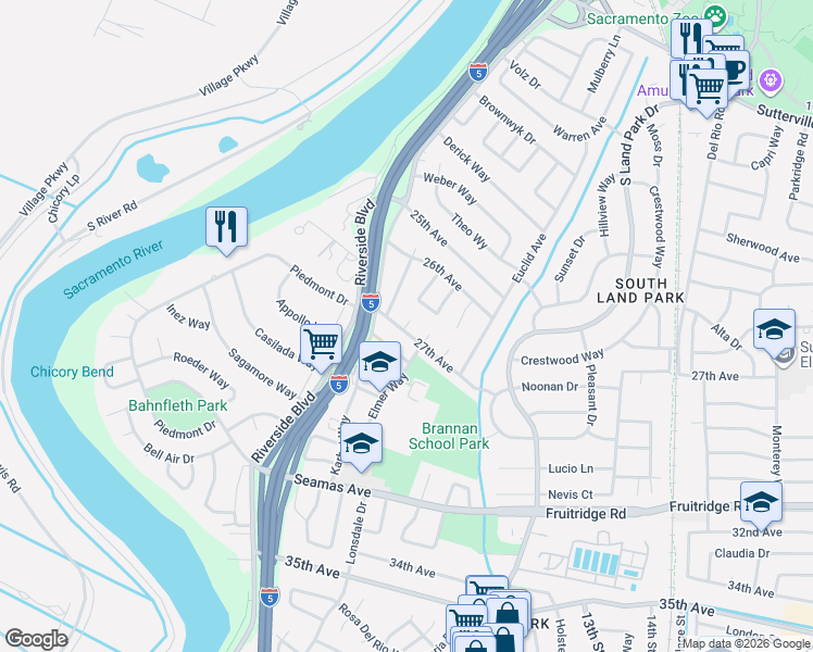 map of restaurants, bars, coffee shops, grocery stores, and more near 1121 27th Avenue in Sacramento