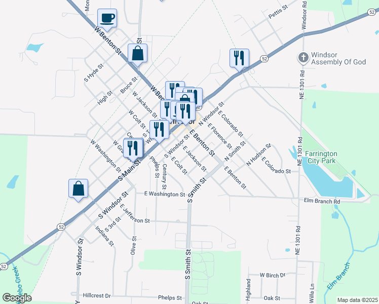map of restaurants, bars, coffee shops, grocery stores, and more near 201 East Jackson Street in Windsor