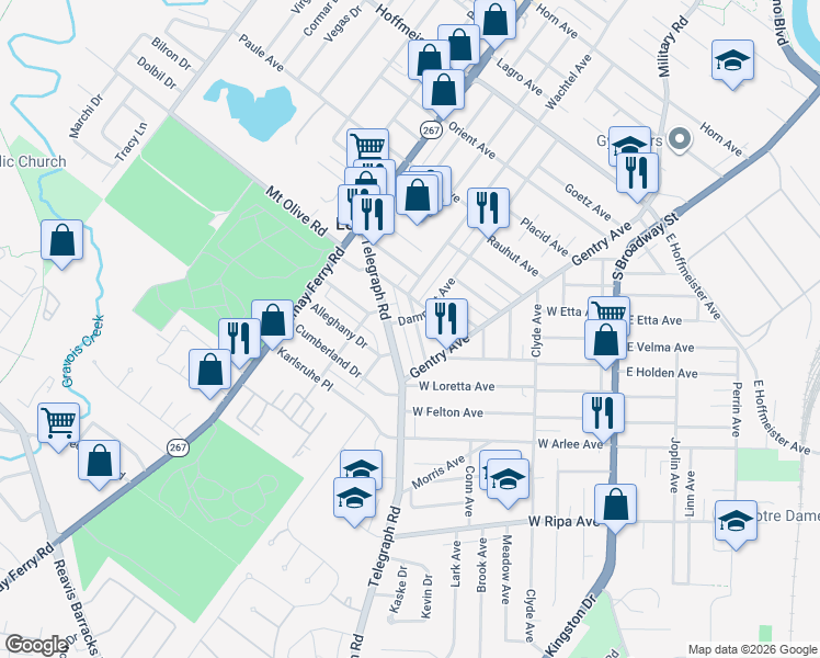 map of restaurants, bars, coffee shops, grocery stores, and more near 1425 Wachtel Drive in St. Louis