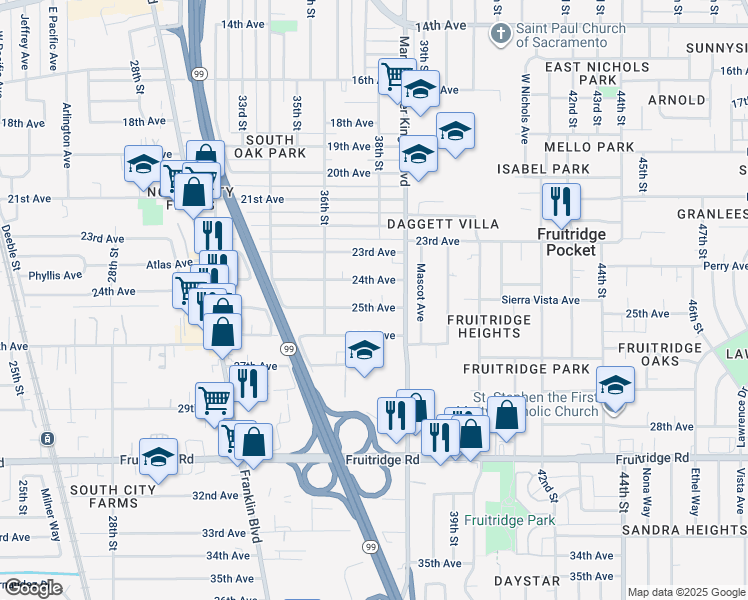 map of restaurants, bars, coffee shops, grocery stores, and more near 3816 24th Avenue in Sacramento