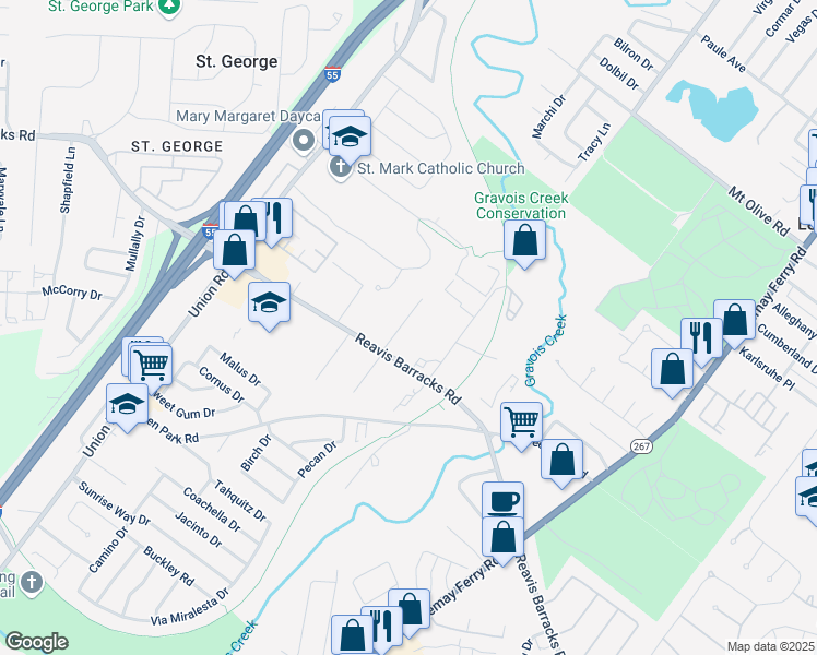 map of restaurants, bars, coffee shops, grocery stores, and more near 1920 Gloria Road in St. Louis