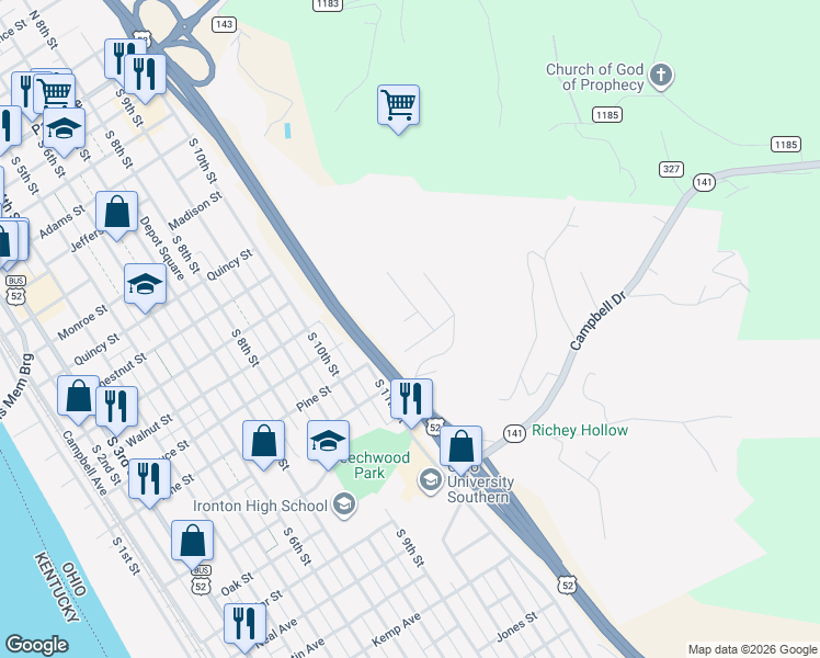 map of restaurants, bars, coffee shops, grocery stores, and more near 1324 Penobscot Trail in Ironton