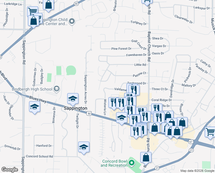map of restaurants, bars, coffee shops, grocery stores, and more near 11133 Valdamere Drive in Sappington
