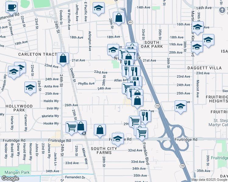 map of restaurants, bars, coffee shops, grocery stores, and more near 2890 24th Avenue in Sacramento