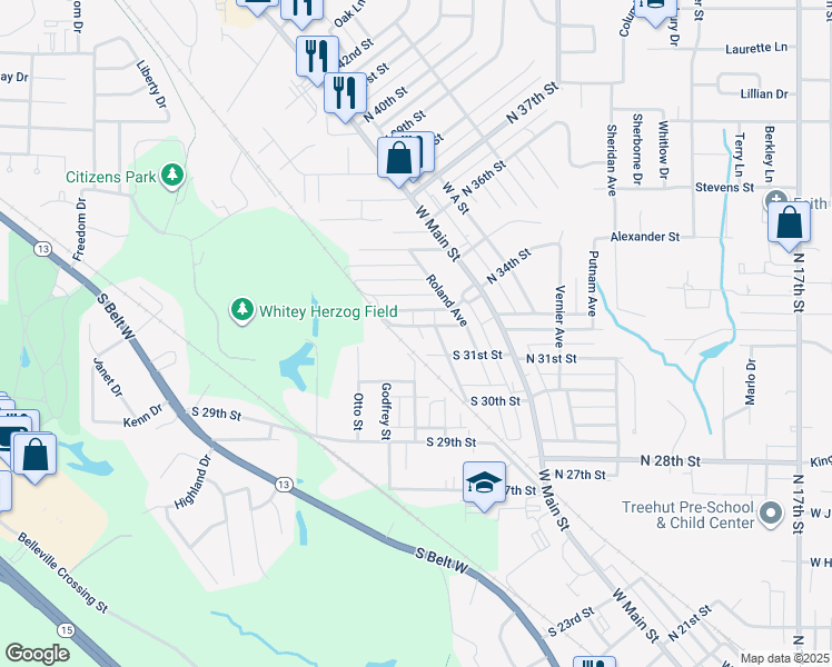 map of restaurants, bars, coffee shops, grocery stores, and more near 212 South 32nd Street in Belleville