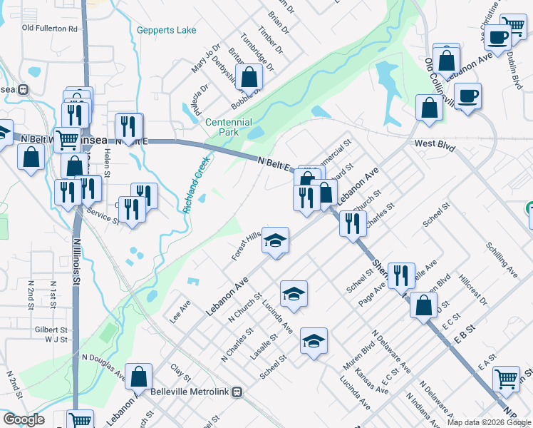 map of restaurants, bars, coffee shops, grocery stores, and more near 1 Idlewood Drive in Belleville