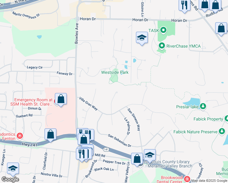 map of restaurants, bars, coffee shops, grocery stores, and more near 1751 San Martin Drive in Fenton