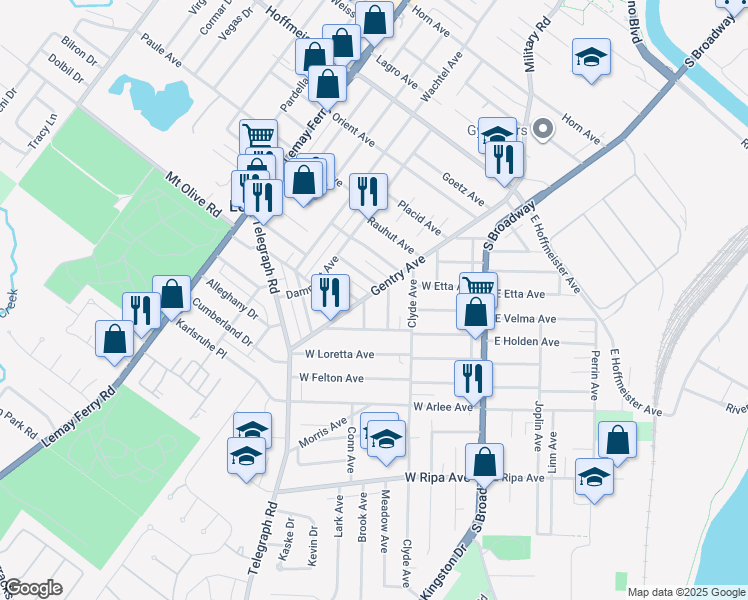 map of restaurants, bars, coffee shops, grocery stores, and more near 9712 Gentry Avenue in St. Louis