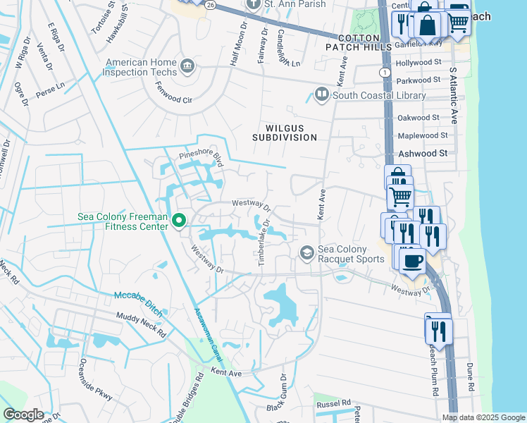 map of restaurants, bars, coffee shops, grocery stores, and more near 18003 Lakeview Court in Bethany Beach