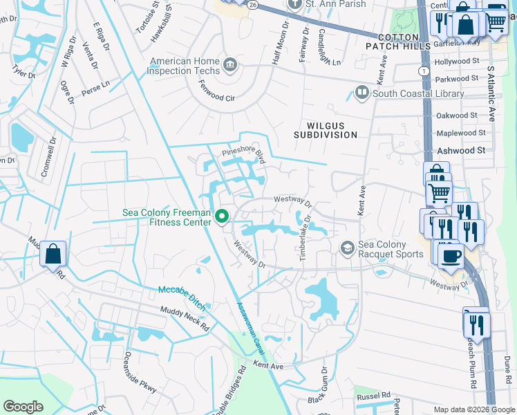 map of restaurants, bars, coffee shops, grocery stores, and more near 33344 Sundial Place in Bethany Beach