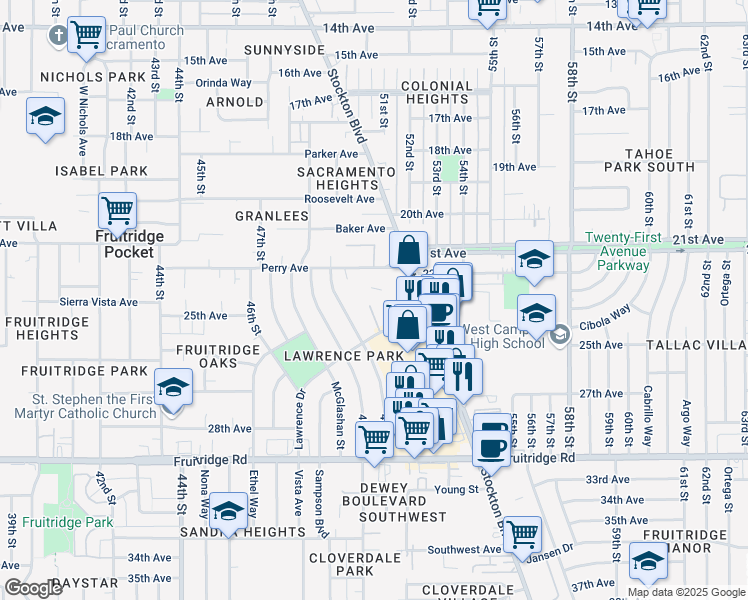 map of restaurants, bars, coffee shops, grocery stores, and more near 1 Clauss Court in Sacramento