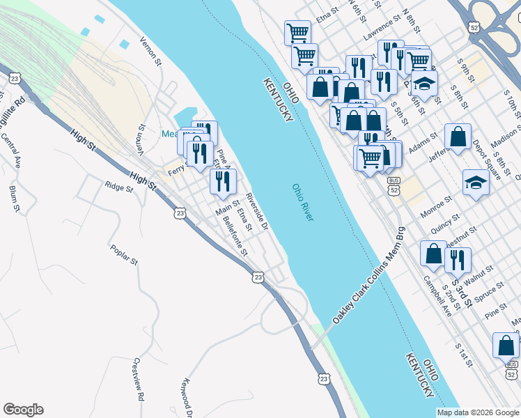 map of restaurants, bars, coffee shops, grocery stores, and more near 298 Riverside Drive in Russell