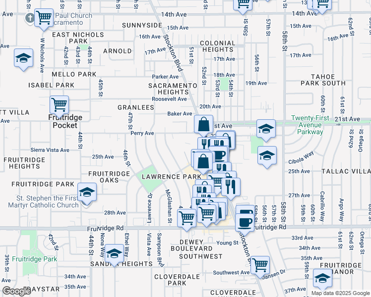 map of restaurants, bars, coffee shops, grocery stores, and more near 1 Clauss Court in Sacramento