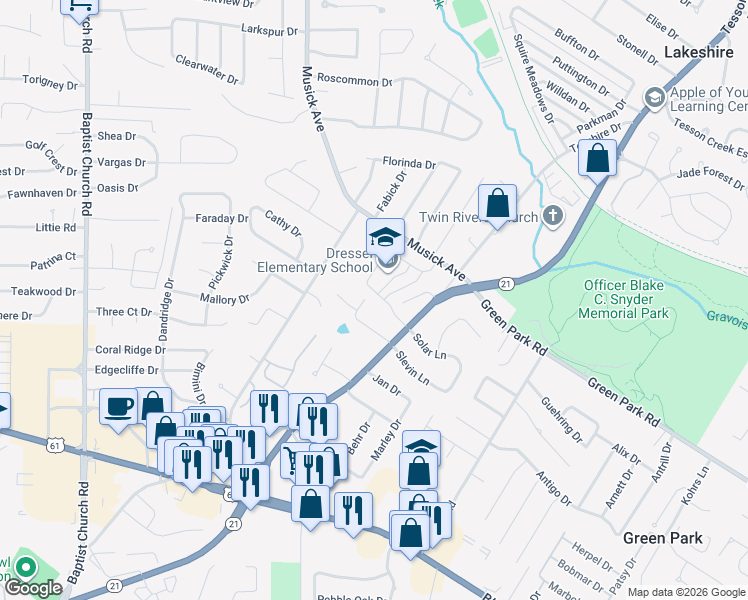 map of restaurants, bars, coffee shops, grocery stores, and more near 10060 Saint Simon Court in St. Louis