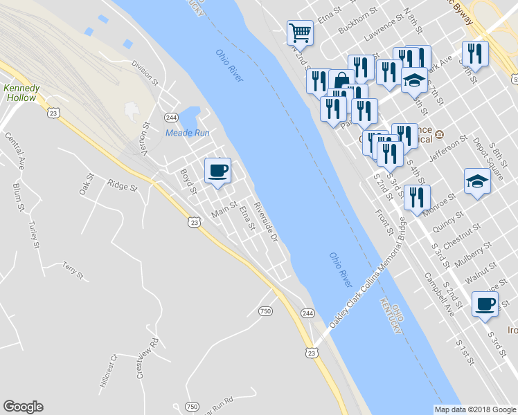 map of restaurants, bars, coffee shops, grocery stores, and more near 300 Cs-3104 in Russell