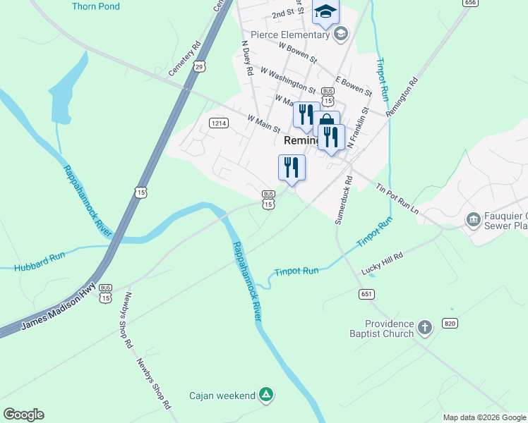 map of restaurants, bars, coffee shops, grocery stores, and more near 12212 River Road in Remington