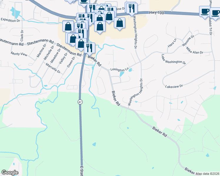 map of restaurants, bars, coffee shops, grocery stores, and more near 1619 Bieker Road in Washington