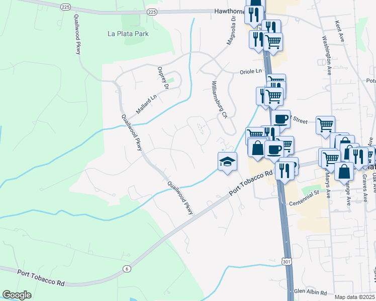 map of restaurants, bars, coffee shops, grocery stores, and more near 110 Quail Court in La Plata