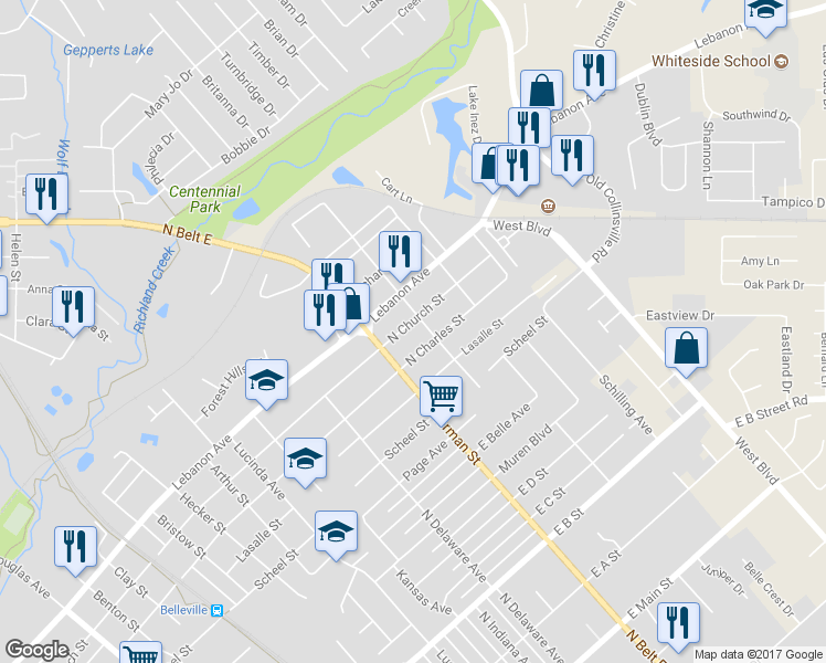 map of restaurants, bars, coffee shops, grocery stores, and more near 1730 North Church Street in Belleville