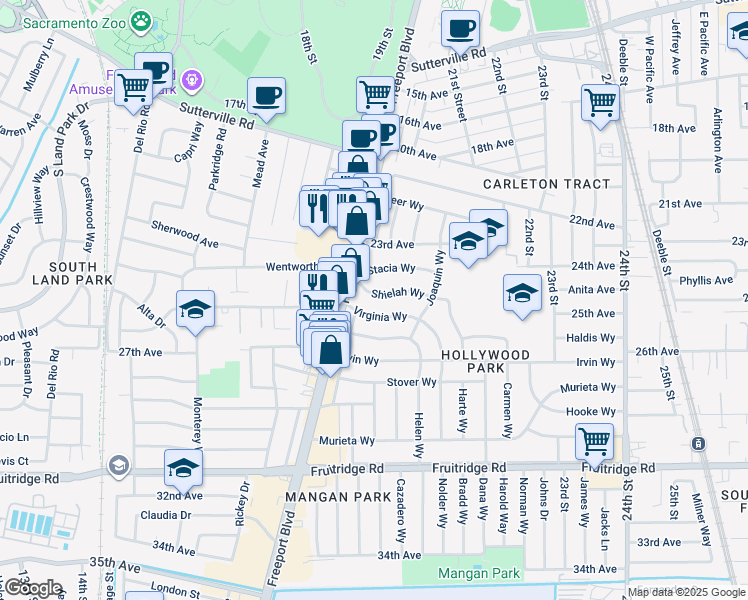 map of restaurants, bars, coffee shops, grocery stores, and more near 2124 Shielah Way in Sacramento