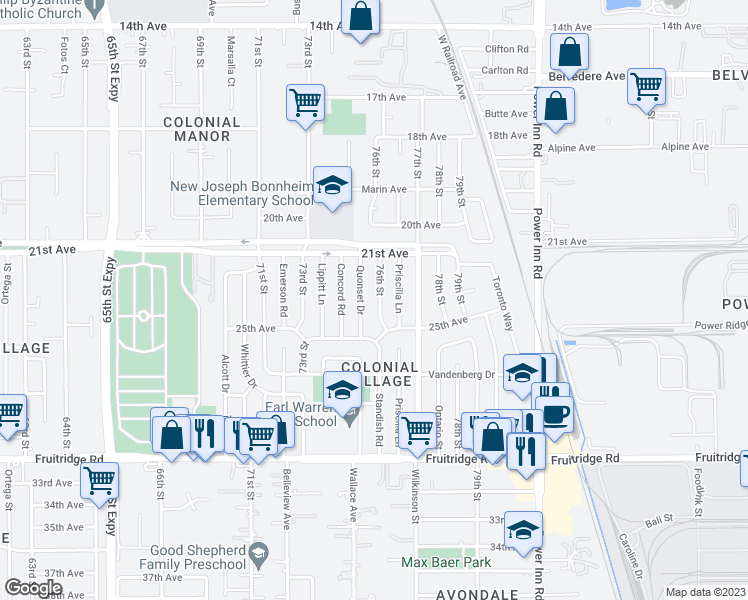 map of restaurants, bars, coffee shops, grocery stores, and more near 4960 76th Street in Sacramento