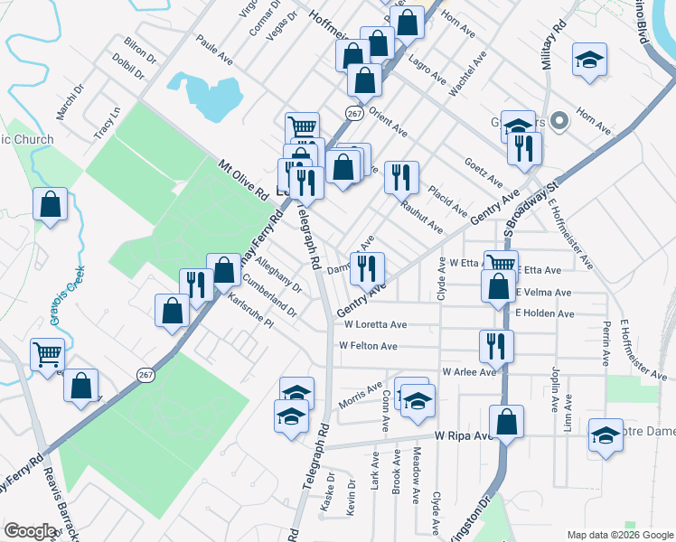 map of restaurants, bars, coffee shops, grocery stores, and more near 1425 Wachtel Drive in St. Louis