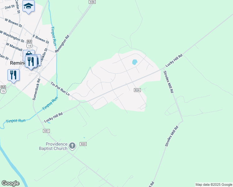 map of restaurants, bars, coffee shops, grocery stores, and more near 12253 Piney Lane in Remington