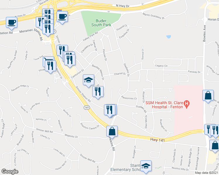 map of restaurants, bars, coffee shops, grocery stores, and more near 2407 Smizer Mill Estates Drive in Fenton