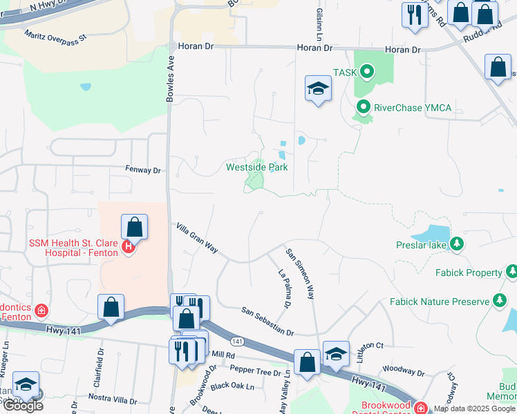 map of restaurants, bars, coffee shops, grocery stores, and more near 1751 San Martin Drive in Fenton