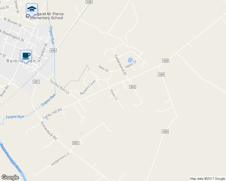 map of restaurants, bars, coffee shops, grocery stores, and more near 12253 Piney Lane in Remington
