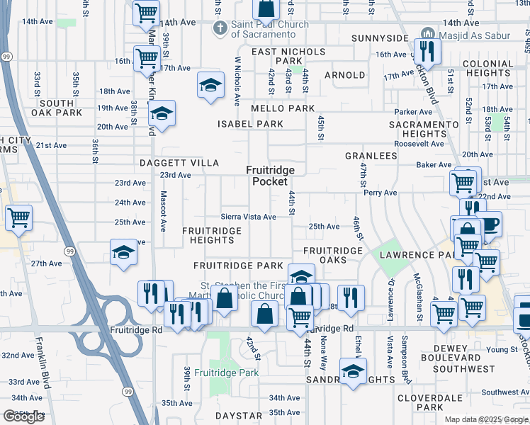 map of restaurants, bars, coffee shops, grocery stores, and more near 4161 Sierra Vista Avenue in Sacramento
