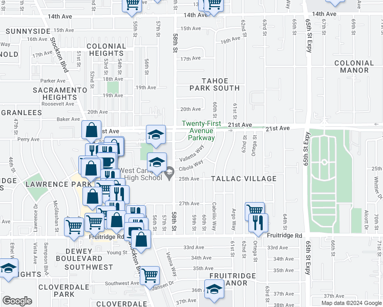 map of restaurants, bars, coffee shops, grocery stores, and more near 5401 Valletta Way in Sacramento