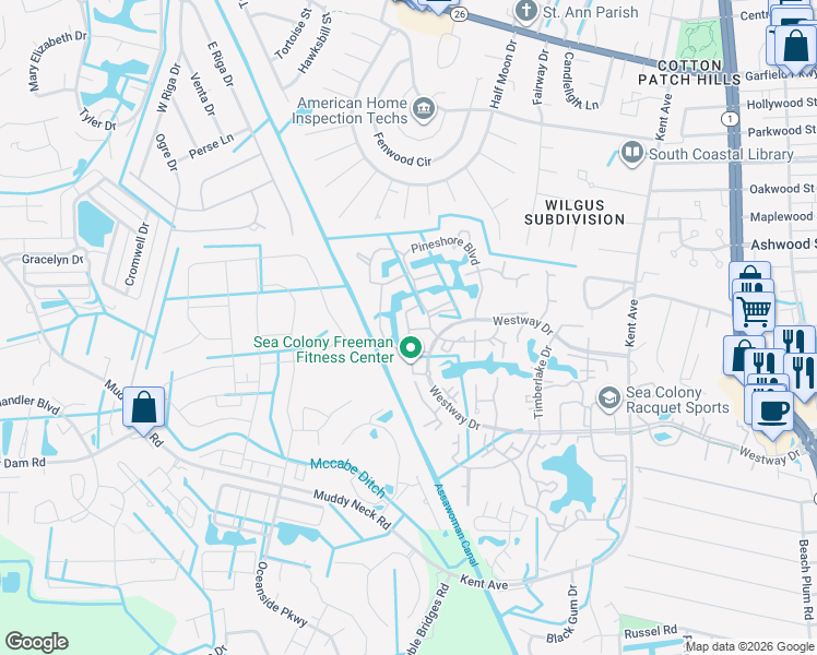 map of restaurants, bars, coffee shops, grocery stores, and more near 33302 Pine Branch Way in South Bethany