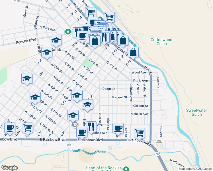 map of restaurants, bars, coffee shops, grocery stores, and more near 124 Blake St in Salida