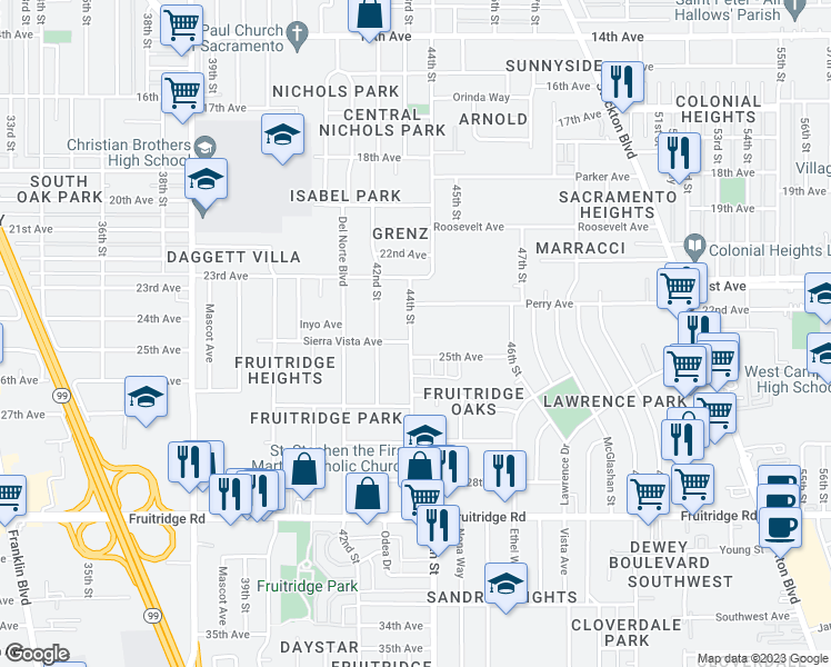 map of restaurants, bars, coffee shops, grocery stores, and more near 4939 44th Street in Sacramento