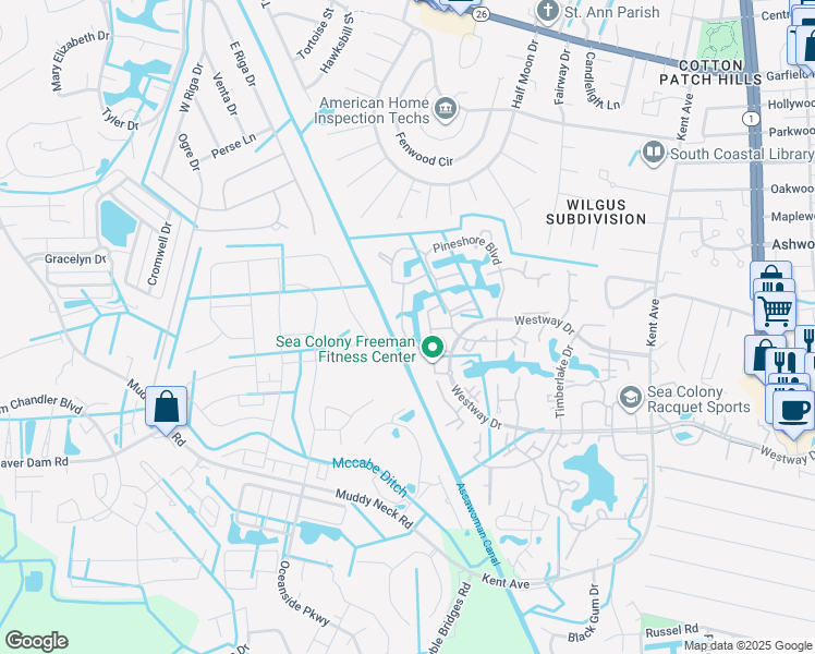 map of restaurants, bars, coffee shops, grocery stores, and more near 56141 Pine Cone Lane in Bethany Beach